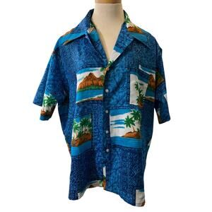 Vtg 70s Hawaiian Shirt Button Up Point Collar 2X Blue Post Card Print Retro Tiki